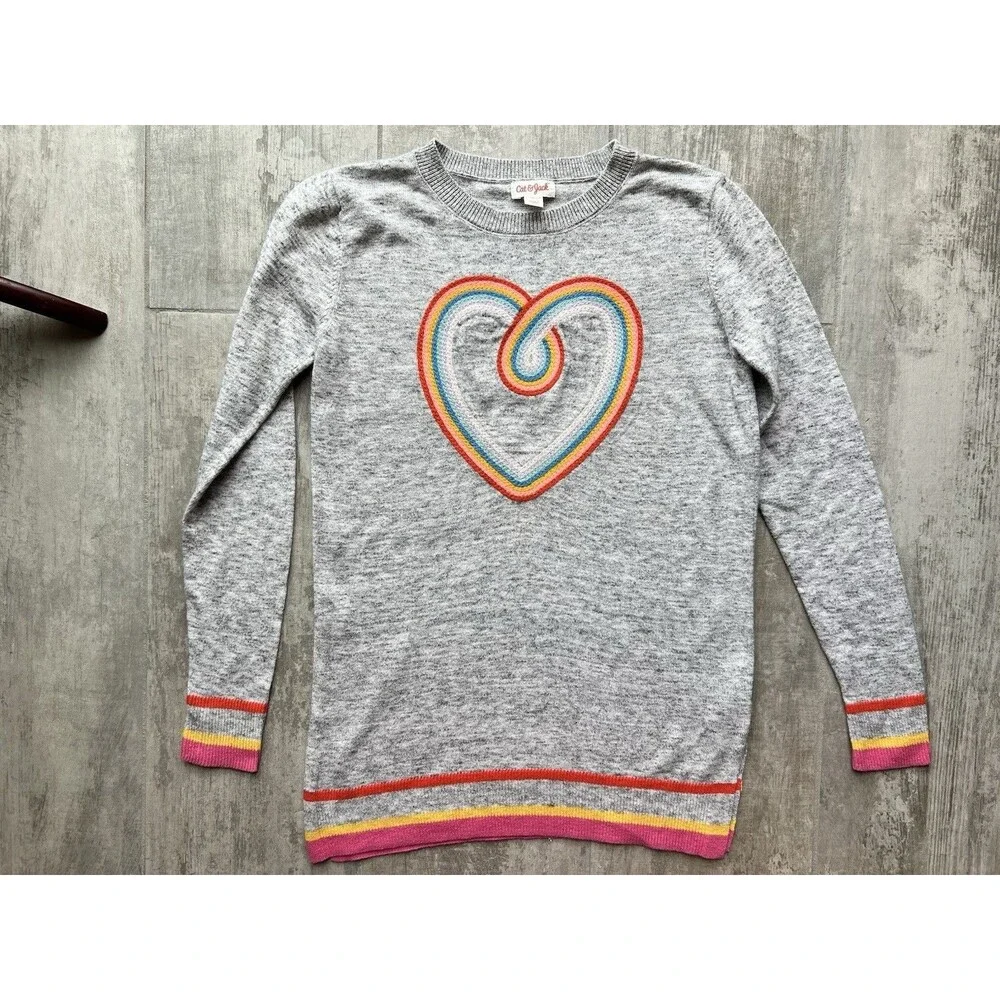 Girls Heather Gray Lightweight Knit Sweater Embroidered Rainbow Heart L 10-12